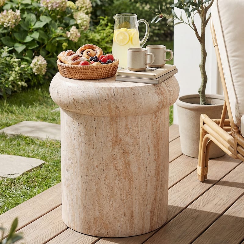 Christopher Knight Home - Lightweight Concrete Sculptural Side Table with Faux Marble Travertine Finish for Indoor & Outdoor - Beige+Marble