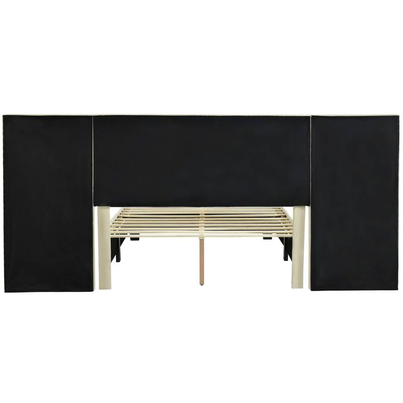 Upholstered Platform Bed with Soft Oversized Headboard and Storage Shelves