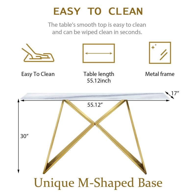 55 inch Rectangle White Glass Console Table with Mirrored M-Shaped Base