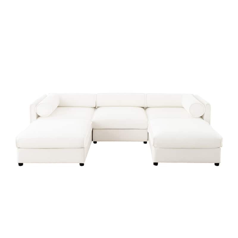 109" U-Shaped 3-Seater Chenille Sofa with Ottoman and Hidden Storage(Cylindrical Backrest Design)