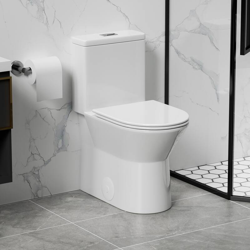 1.1/1.6 GPF Tornado Flush One-Piece Toilet with Comfort Chair Seat ADA Height 17",Siphonic S-trap 12",Rimless Bowl - Glossy White