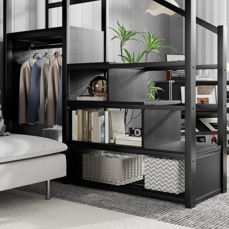 Metal Queen Size Loft Bed with Stairs,Wardrobe and Shelves