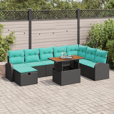 vidaXL 9 Piece Garden Sofa Set with Cushions Black Poly Rattan - 113.8 x 70.5 x 27.2