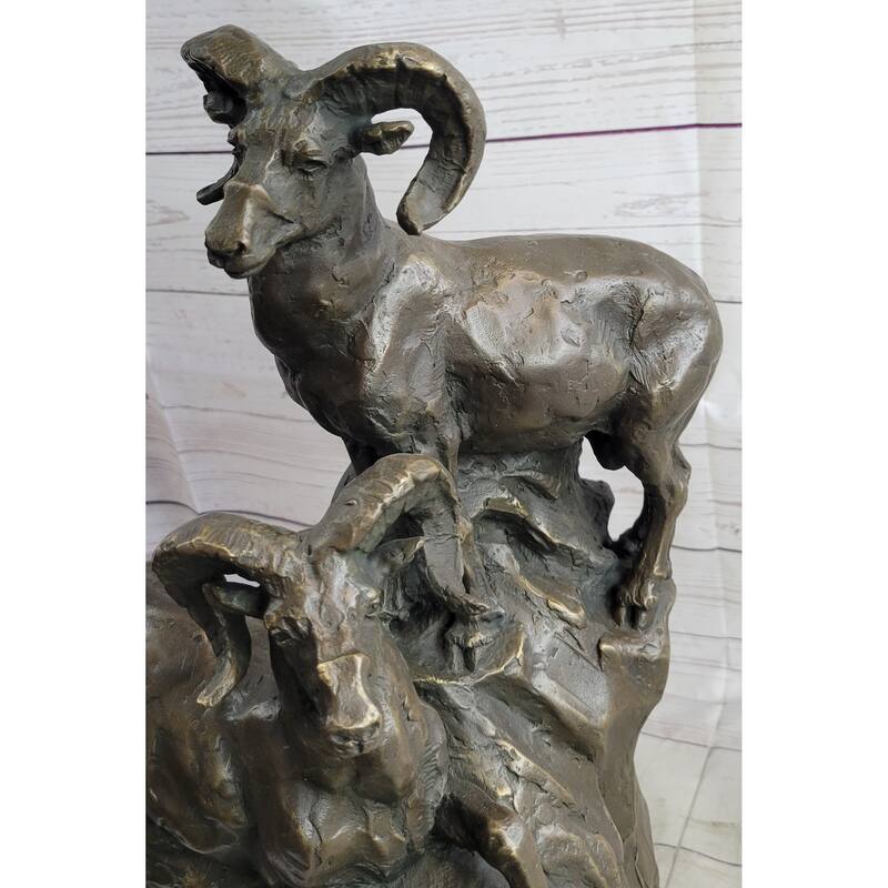 Rams Goats On Rocks Bronze Sculpture Statue Wildlife Art Decor On Marble Base