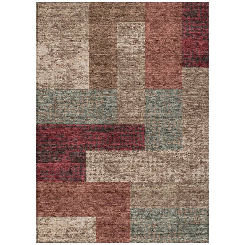 Machine Washable Indoor/ Outdoor Modern Blocks Chantille Rug