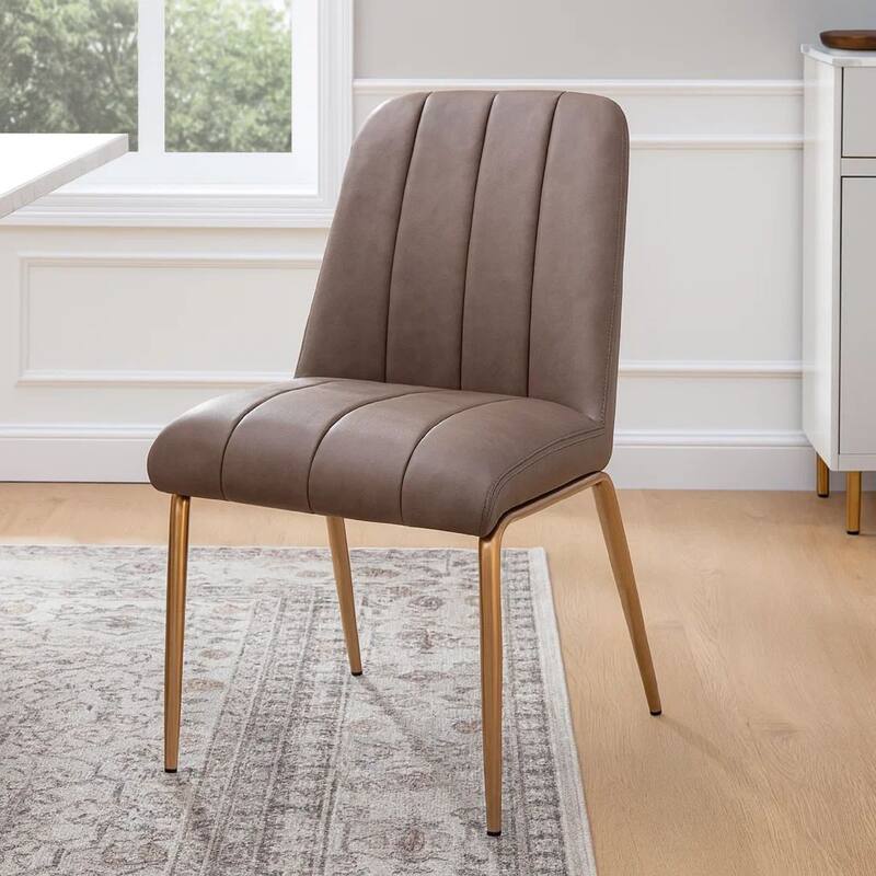 Rise 19 Inch Dining Chair, Set of 2, Soft Faux Leather Seat, Metal Legs, Brown