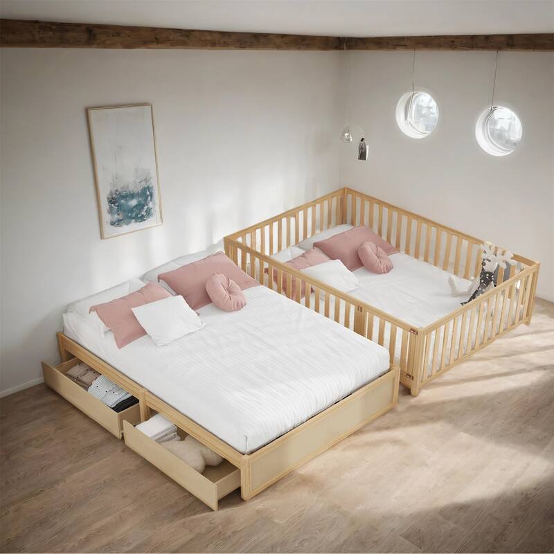 Full Size Wood Daybed with Fence Guardrails and 2 Drawers