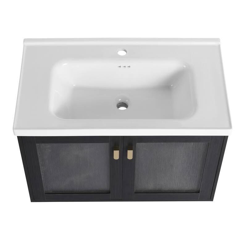 Wall-Mounted Bathroom Vanity with Ceramic Sink, Soft-Closing Doors, and Metal Handles, Black Chestnut Finish - 31.9in L Plywood