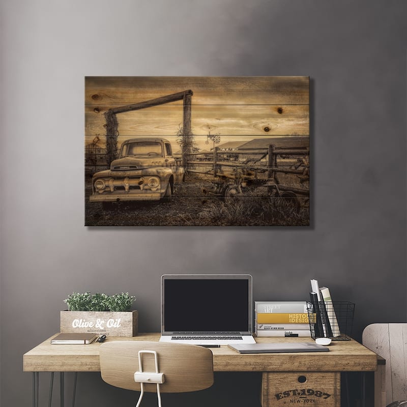 Old Ford At The Farm Print On Wood by Don Schwartz - Multi-Color