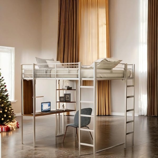 slide 2 of 46, Full Size Metal Loft Bed with 2 Shelves and one Desk,Space-Saving Design Sturdy Metal Loft Bed Silver