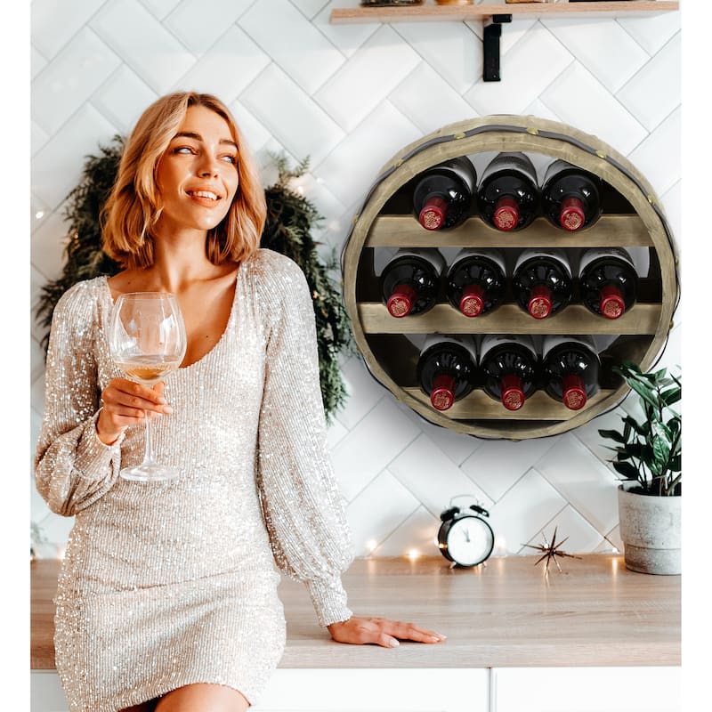 CoTa Global Barrell Wine Rack - Natural Wood Industrial Wall Mounted - 16″Lx16″Wx8″H