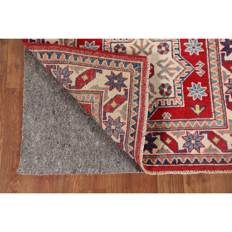 Red Geometric Kazak Oriental Runner Rug Hand-Knotted Wool Carpet - 2'8" x 9'7"