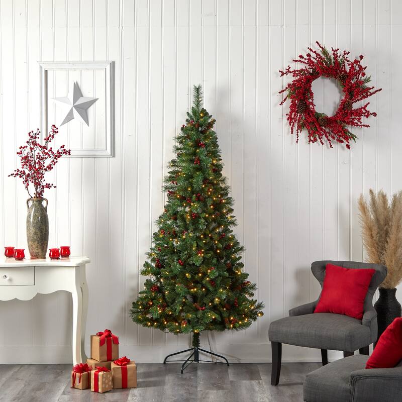 7Ft Artificial Christmas Tree with Warm White Lights & Pinecone Accents - Green - 84