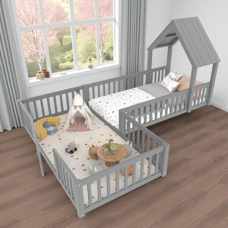 Twin/Full Size House Floor Bed with Door and Guardrails, Double Twin/Full Solid Wood Montessori Bed for Kids