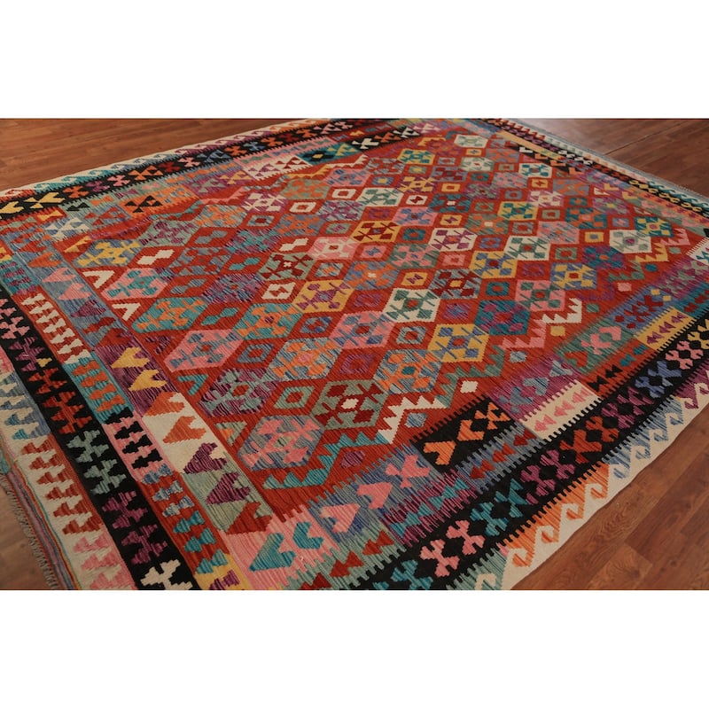 Geometric Kilim Oriental Area Rug Hand-Woven Multi-Color Wool Carpet - 8'1"x 11'1"