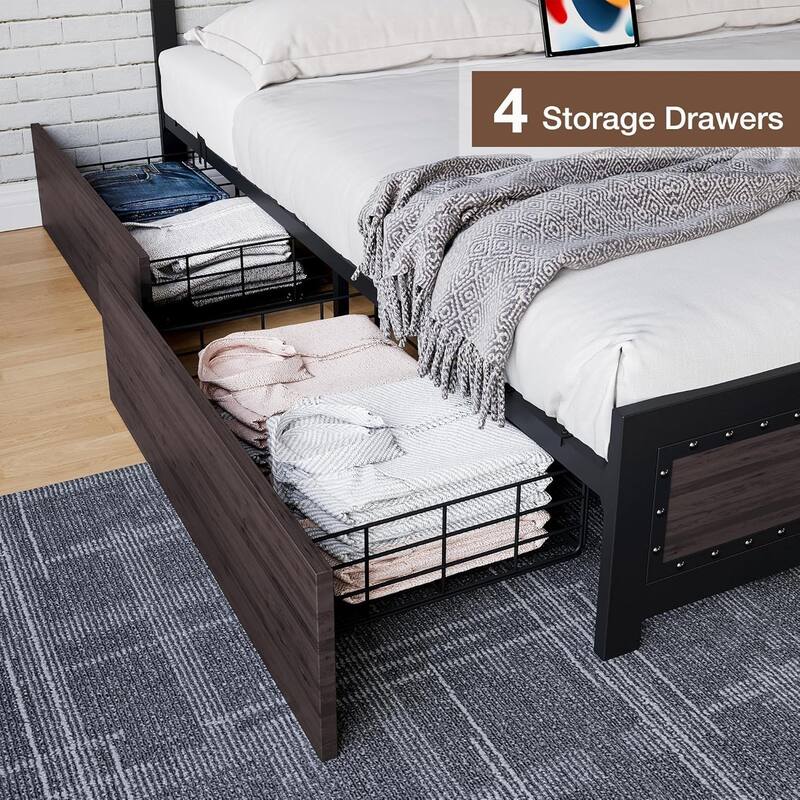 Platform Bed with Headboard, 4 Storage Drawers & Charging Station, Rivet Detail, Metal Slats, Gray