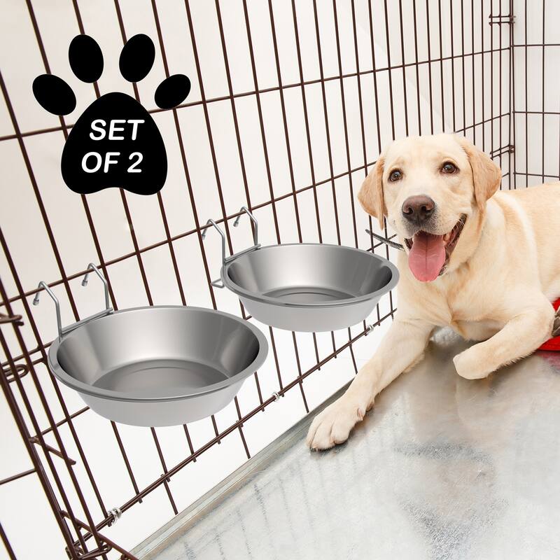 Set of 2 Stainless-Steel Dog Bowls - Cage, Kennel, and Crate Hanging Pet Bowls for Food and Water