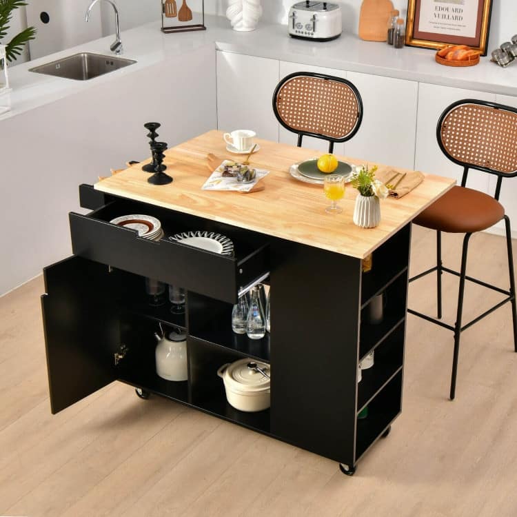 Drop-Leaf Kitchen Island with Rubber Wood Top - 49" x 30" x 36"(L x W x H)