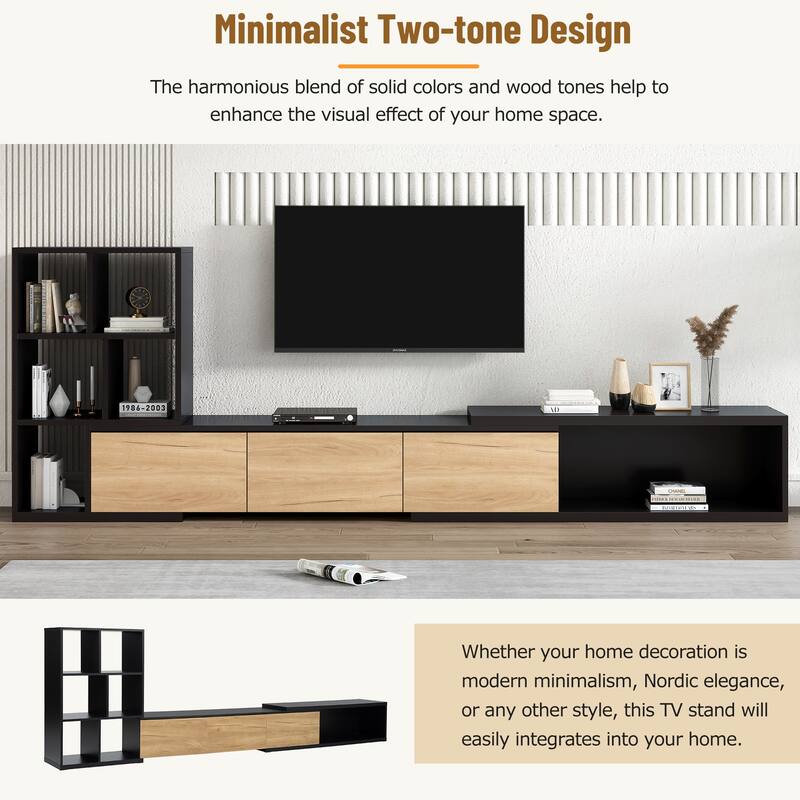 Modern Extended TV Stand with 3-Tier Bookshelves, Storage Cabinets and Sliding Tabletop, for Living Room, Black