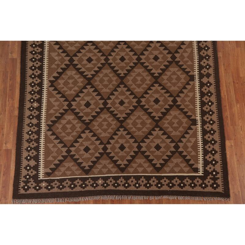 Hand Woven Oriental 100% Wool Carpet Southwestern Geometric Brown Kilim Area Rug - 9' 9'' X 6' 11''