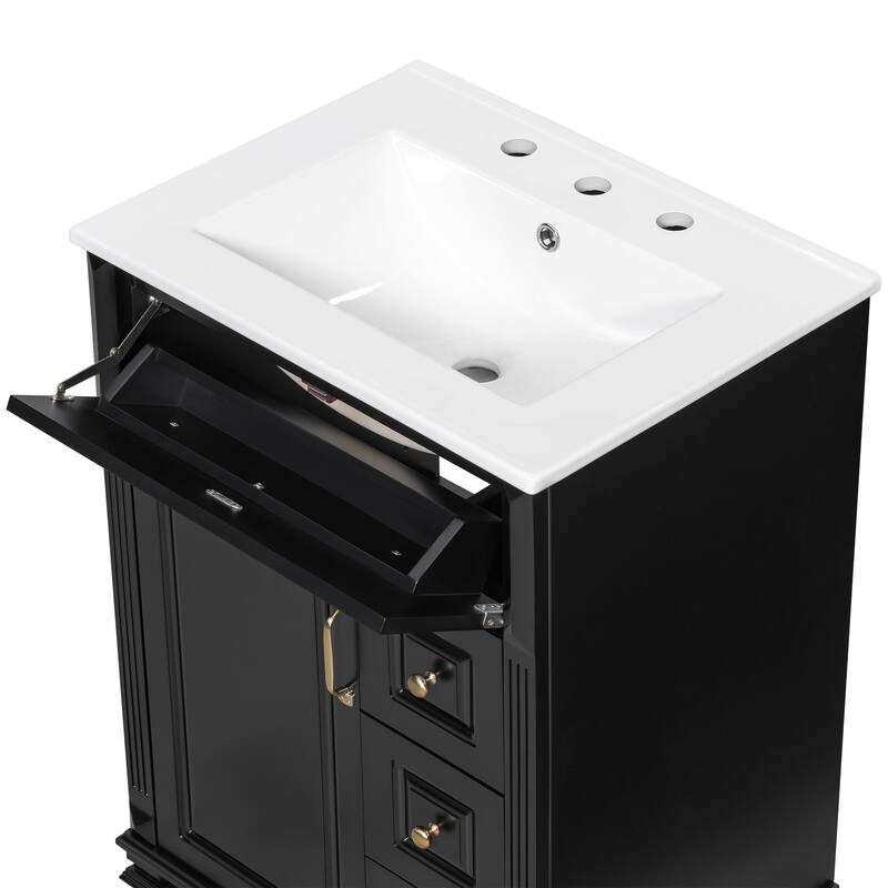 24"Bathroom Vanity with Sink, Freestanding Vanity Cabinet with Flip-Out Drawer, 3 Drawers & Storage Cabinet, Ceramic Sink Top