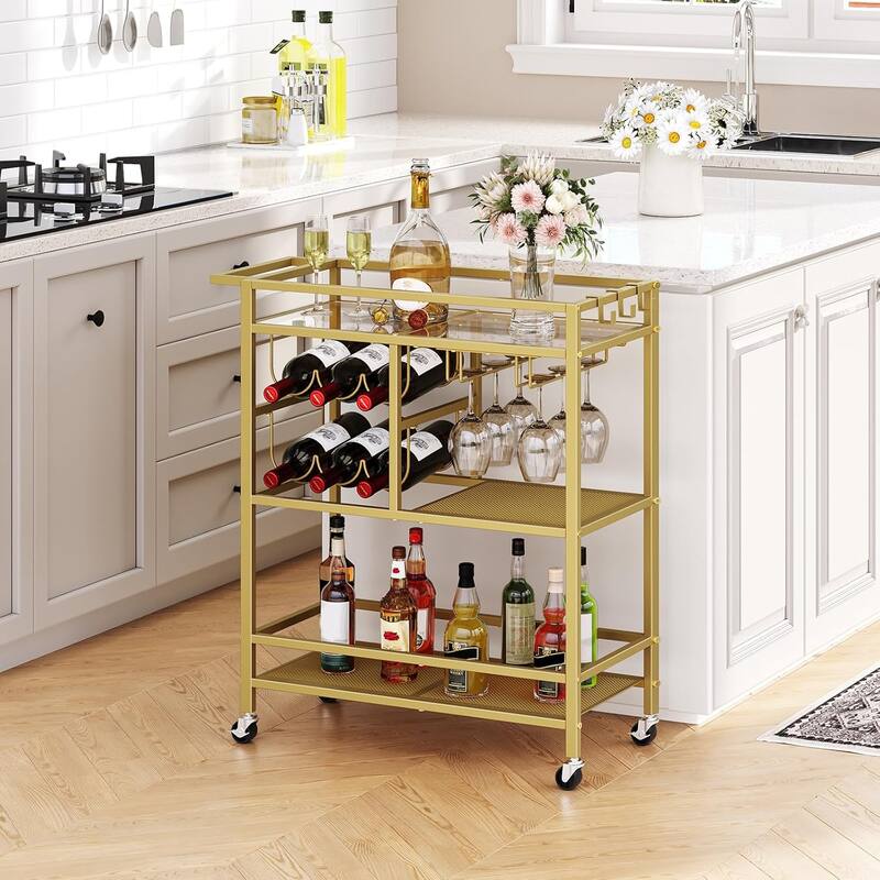 3-Tier Serving Cart with Wheels, Handle, Wine Rack, and Glass Holders