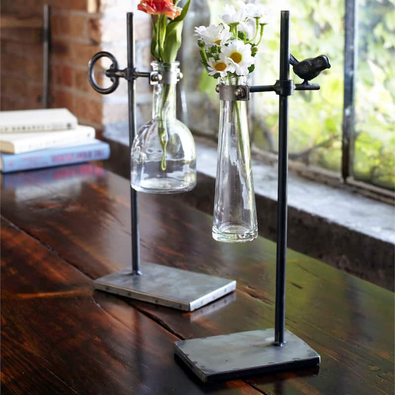 Set of 2 Metal Key and Bird Design Stem Vase with Stand 14.5"
