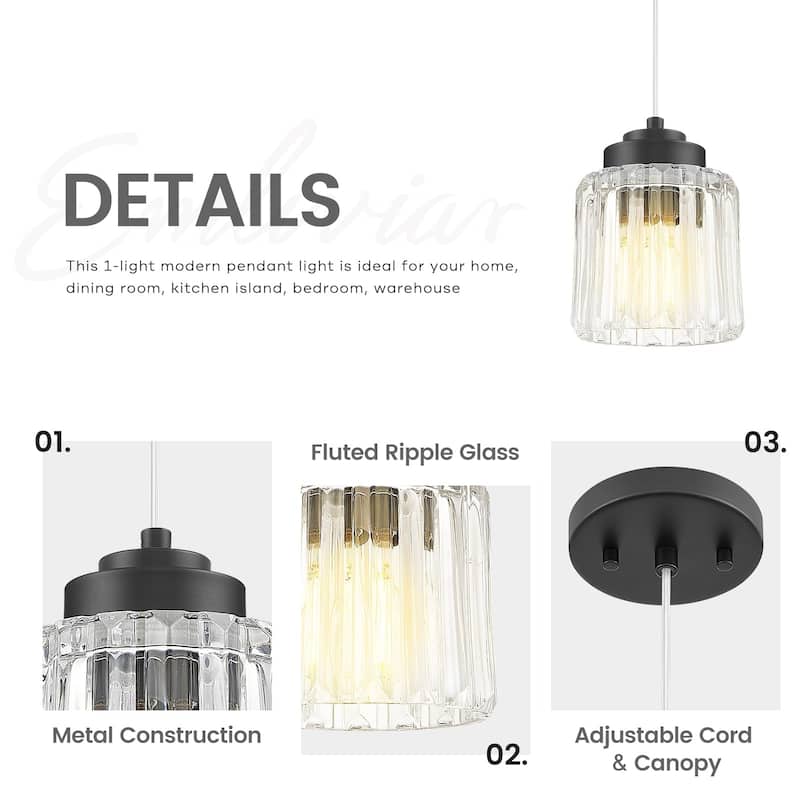 Modern 1-Light Clear Fluted Ripple Glass Adjustable Pendant