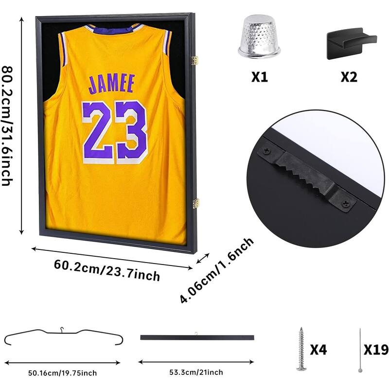 Jersey Frame Display Case Wood Display Case Shadow Box Extra Large Frame with Locks, Hangers, Velvet Pinboard