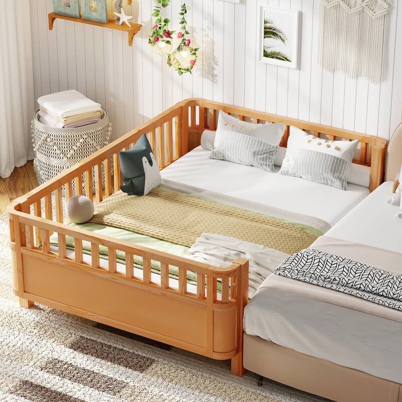 Full Size Wood Platform Bed with Rails for Kids