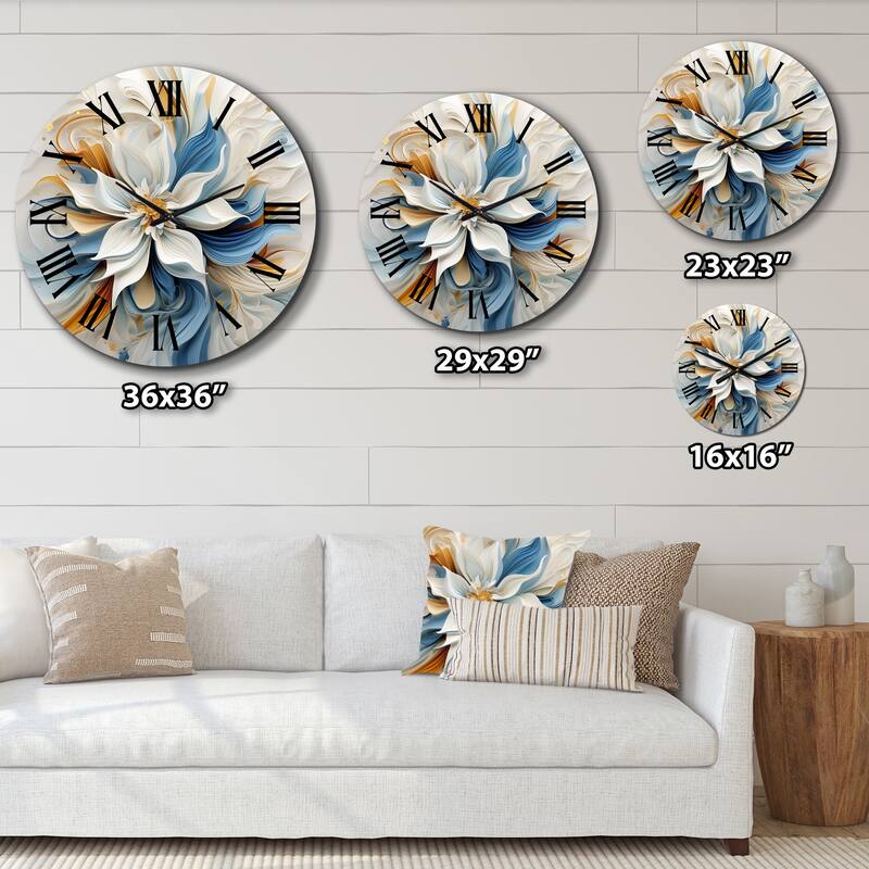Designart "Abstract Blooming Magnolia White Amber Blue" Flowers Oversized Wall Clock