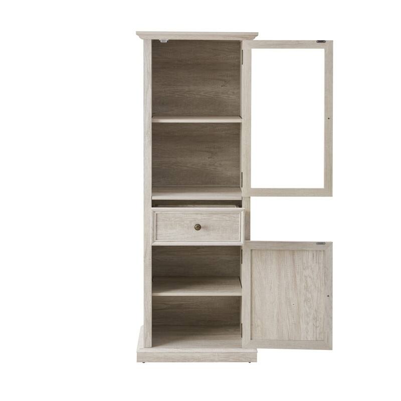 Modern Glass Door Cabinet, Tall Freestanding Storage with Shelves & Drawer, Versatile Organizer for Home