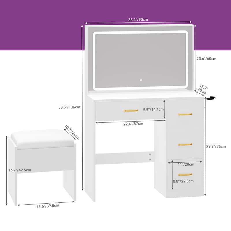 Moasis 35.4" Mirror Makeup Vanity Table with Stool and LED - 35.4''L x 15.7''W x 53.5''H