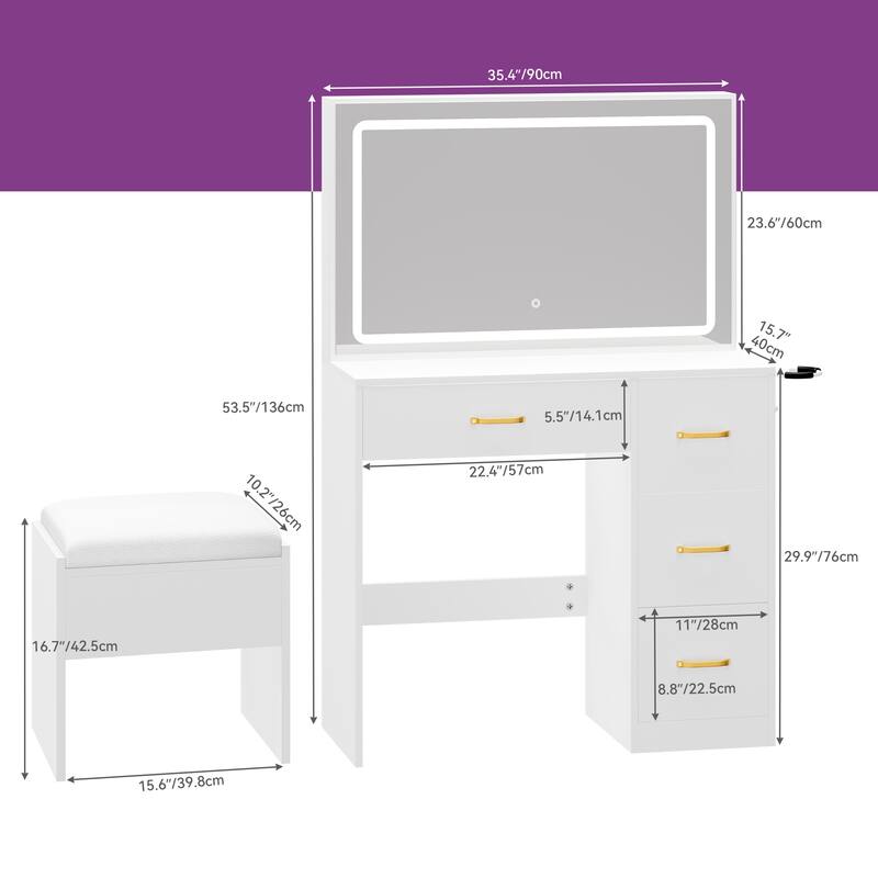 Moasis Makeup Vanity Table Cushioned Stool Vanity Desk Set - 35.43''L x 15.74''W x 53.54''H