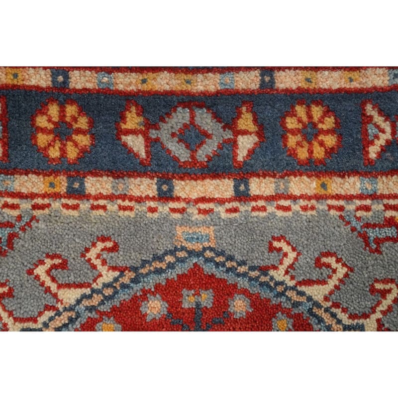 Hand Knotted Oriental 100% Wool Carpet Traditional Geometric Navy Blue & Blues Kazak Area Rug - 5' 1'' X 2' 11''
