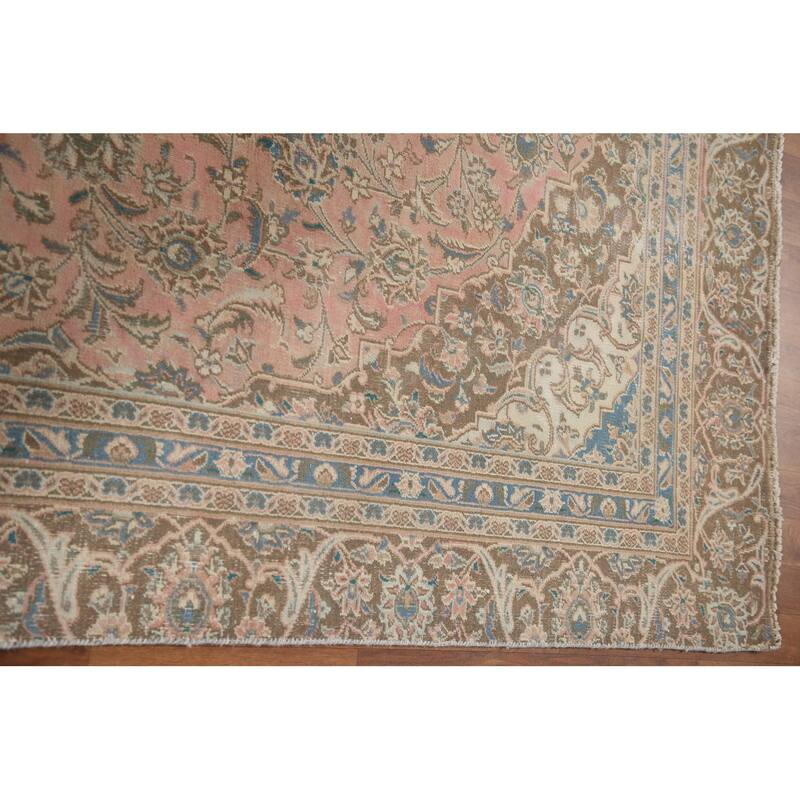 Hand Knotted Oriental 100% Wool Carpet Traditional Floral Pink Mashad Area Rug - 9' 8'' X 6' 7''