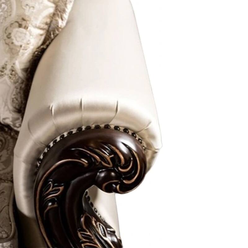 Puhi Accent Armchair w Lumbar Pillow, Beige Fabric, Ornate Carved Wood