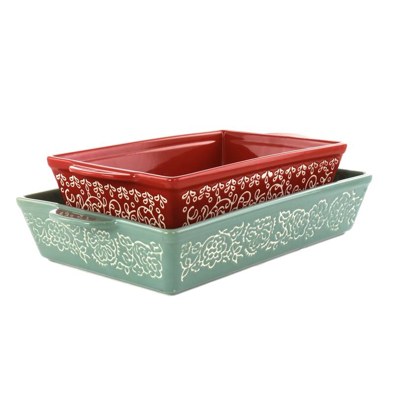 Laurie Gates 2Pc Tierra Wax Relief Stoneware Baker Set in Red and Mint - Multicolor - 2 Piece