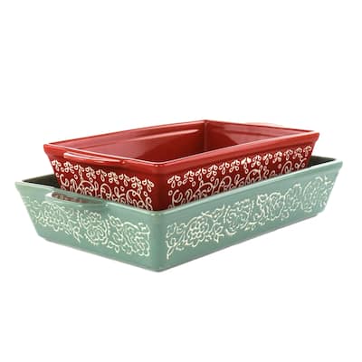 Laurie Gates 2Pc Tierra Wax Relief Stoneware Baker Set in Red and Mint