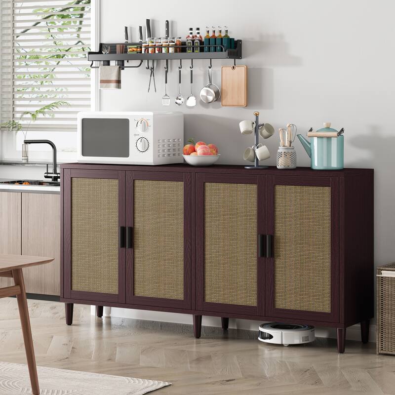 Rattan Sideboard Buffet Cabinet, 70" Storage Cabinet with Adjustable Shelves, Farmhouse Credenza Coffee Bar Cabinets w/ 4 Doors聽