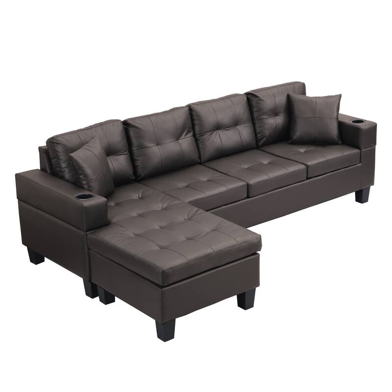 Brown 96.06'' Modern L-Shaped 4 Seater Sectional Sofa with Chaise Lounge, Cup Holders, and Throw Pillows