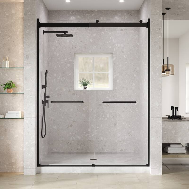 Eviva Luxor Sliding Frameless Shower Door with Tempered Glass - 60"W x 78"H - Matte Black