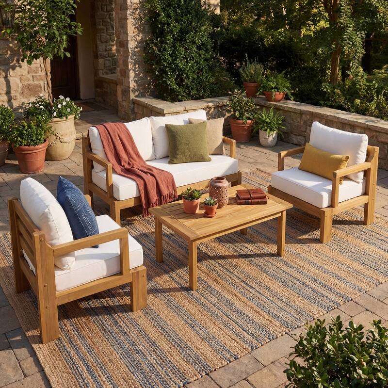 Christopher Knight Home - Modern 3-Piece Acacia Wood Outdoor Sectional Set with 3-Seater Sofa, Loveseat & Coffee Table - 3-Piece Set-Beige+Light Brown
