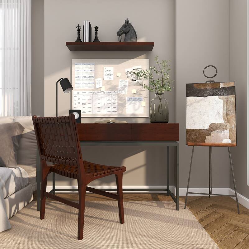 Brown, Black, White Leather Handmade Woven Kitchen Dining Chair with Teak Wood Frame