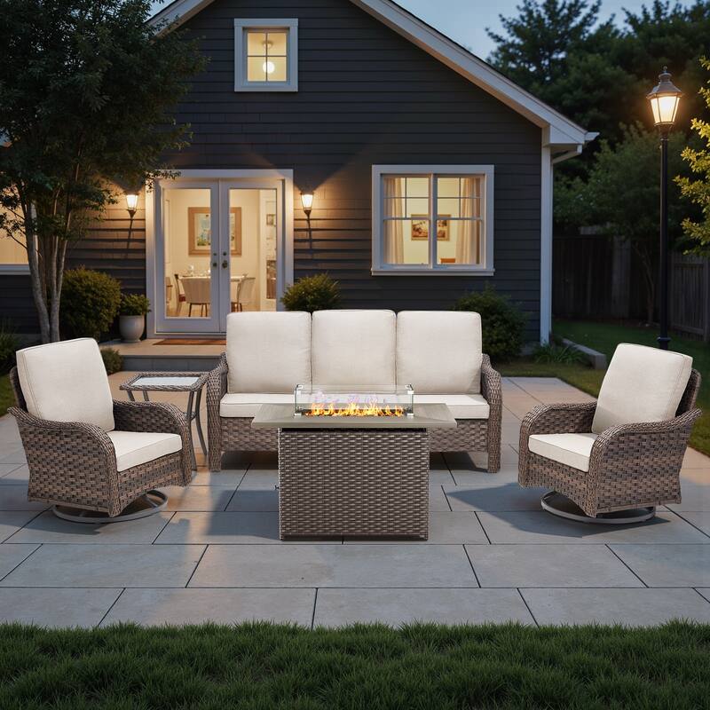 Pocassy Patio Sofa Swivel Chairs with Fire Table Funiture - Beige Cushion - Brown Wicker - 5-Piece Sofa Swivel Chair with Fire Table