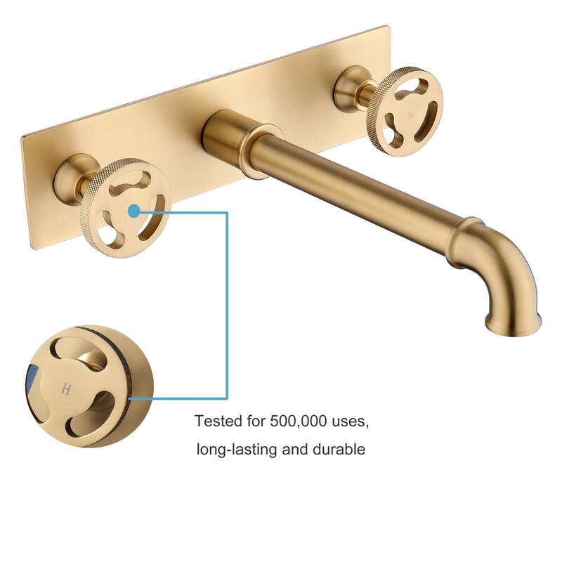 Industrial Wall Mount Bathroom Sink Faucet Widespread with 2 Handle in Gold