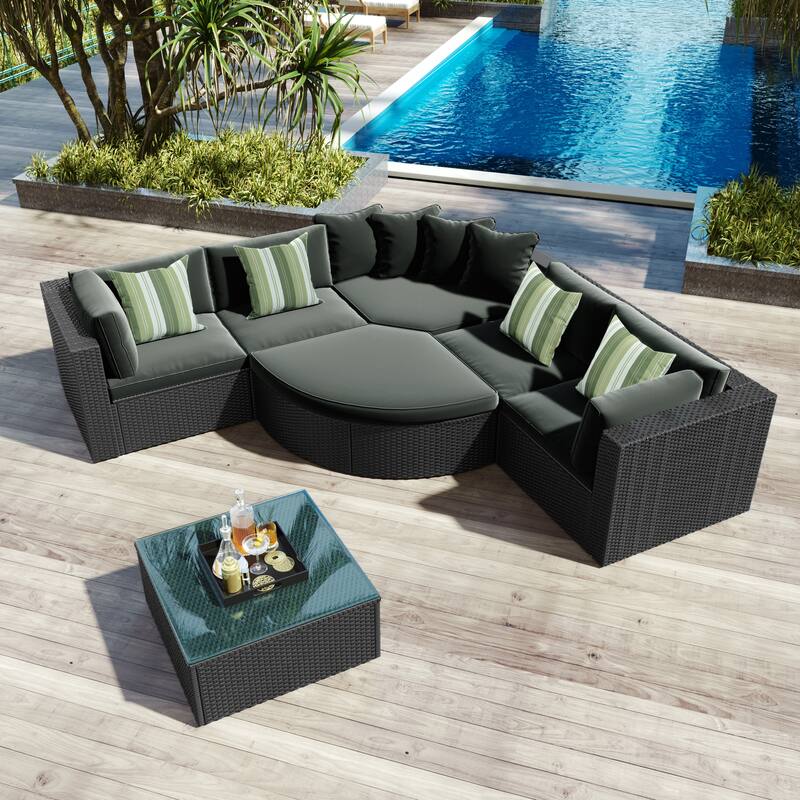 7-piece Outdoor Wicker Sofa Setw w/ Lounger & Striped Green Pillows, Conversation Sofa for Patio Garden Deck