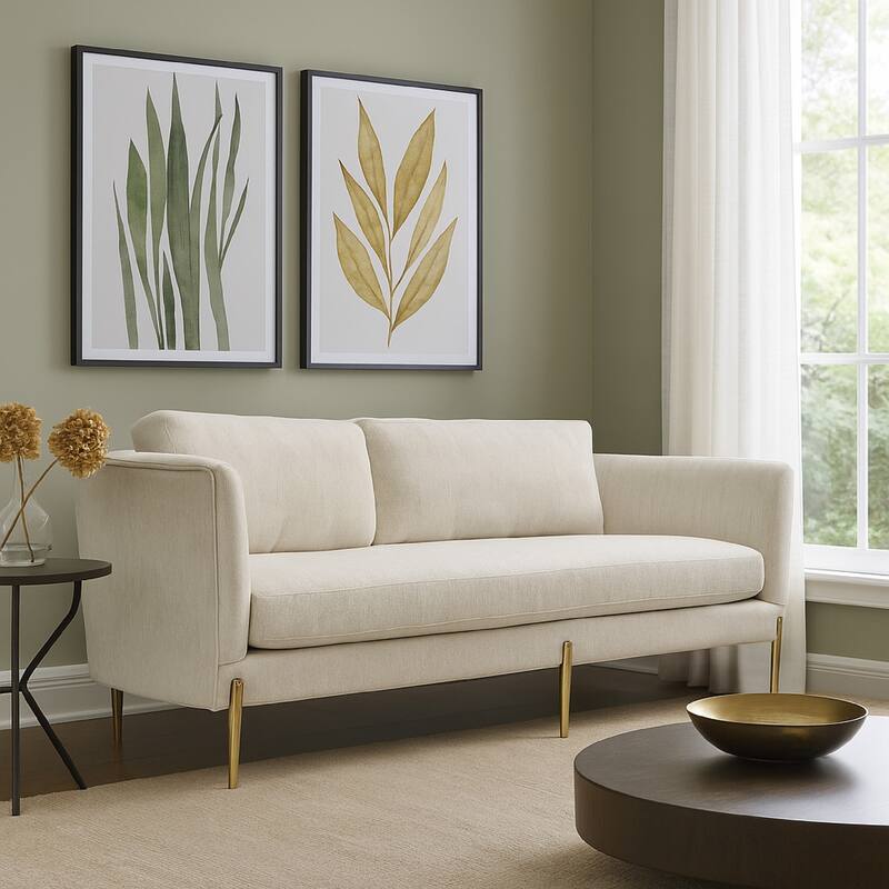 Meny Modern Sofa, Light Cream Textured Fabric, 92 Inch Gold Metal