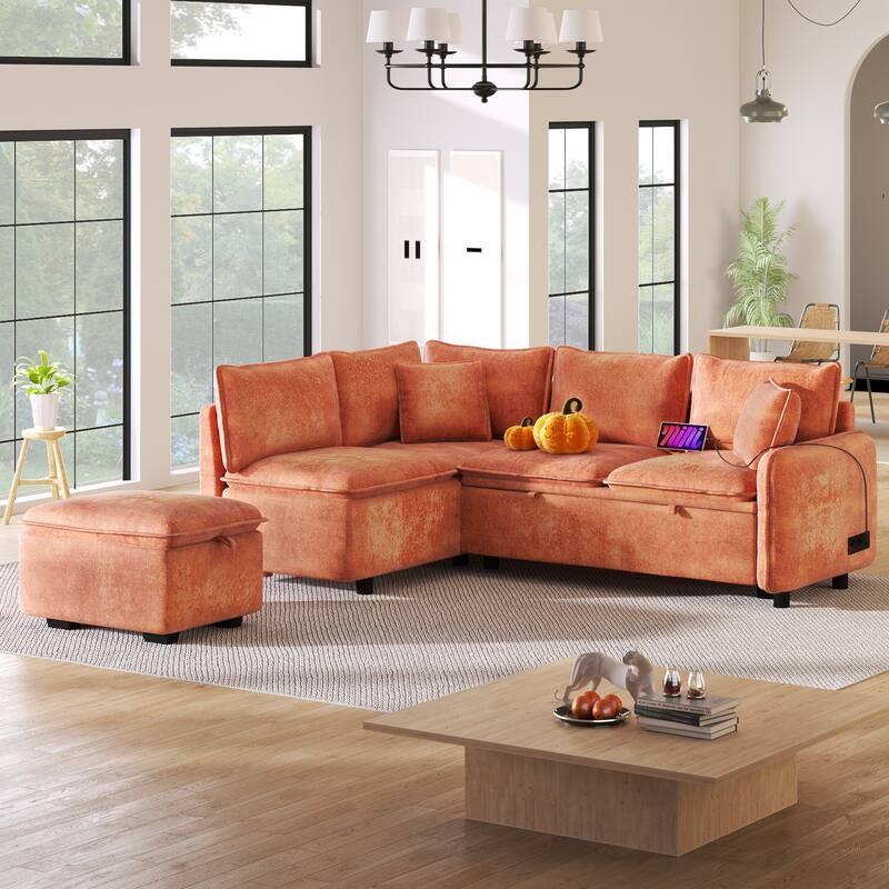 Orange 82.67" L-Shaped 5-Seat Sofa with Pull-Out Bed and Storage Ottoman