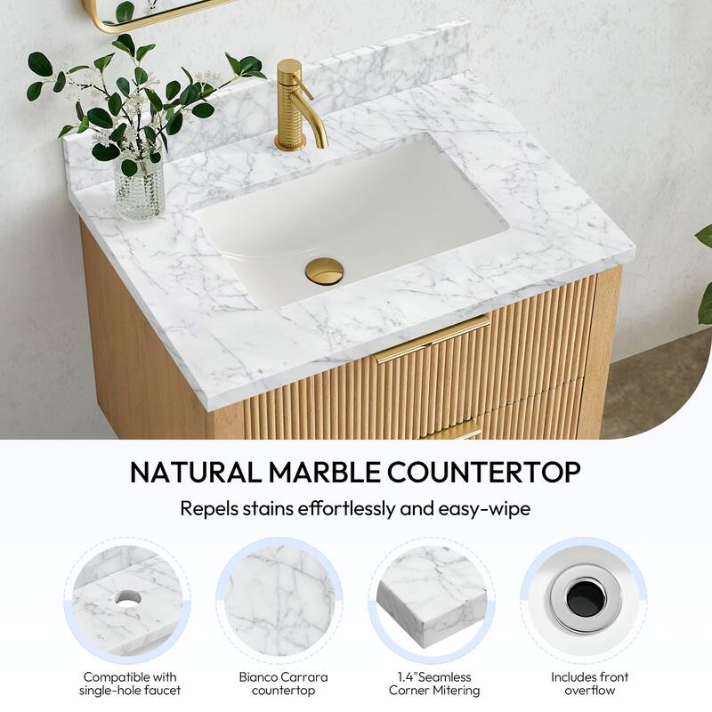 Zevio Natural Marble Vanity Top in Carrara White with Ceramic Sink